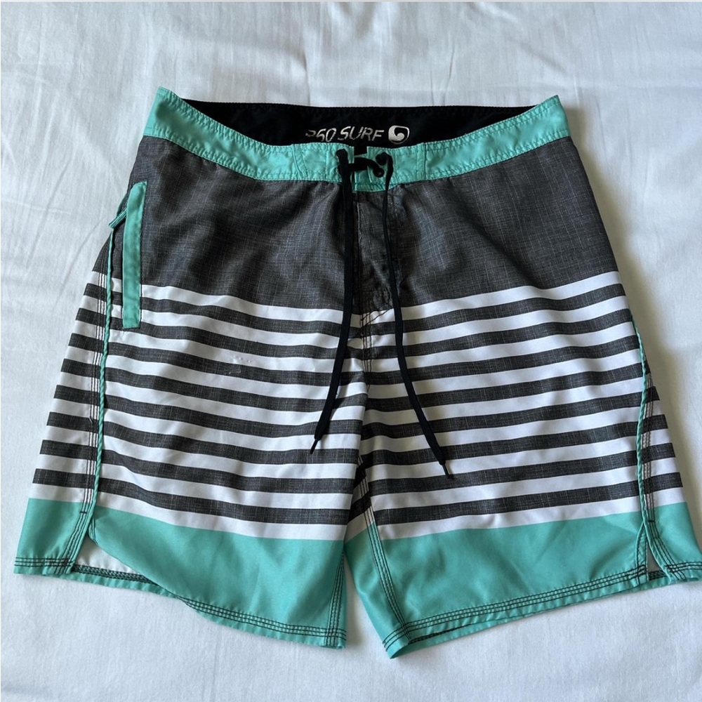 Men's Aqua and Black Striped Board Shorts